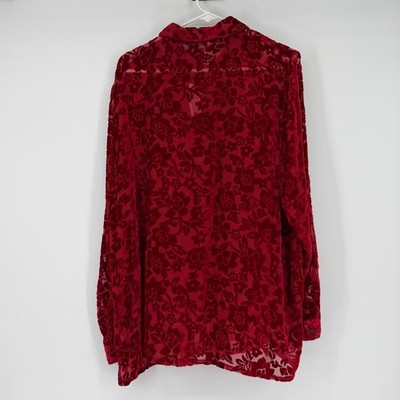 NY&CO Red Burnout Velvet Floral Silk Blend Button Down Blouse Shirt XL