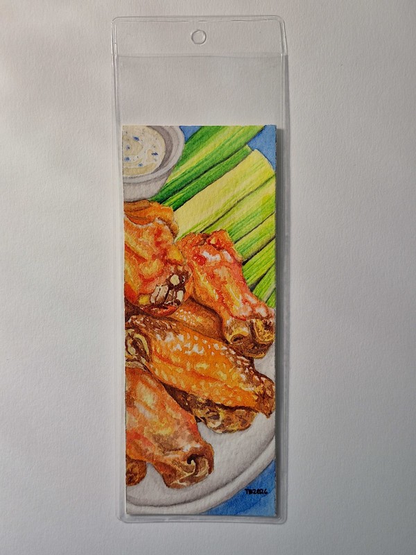 handmade original watercolor painting bookmark Buffalo Magic hot chicken wings