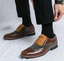 Mens Patchwork Lace Up Pointed Toe Work Office Wedding Casual Brogue Dress Shoes