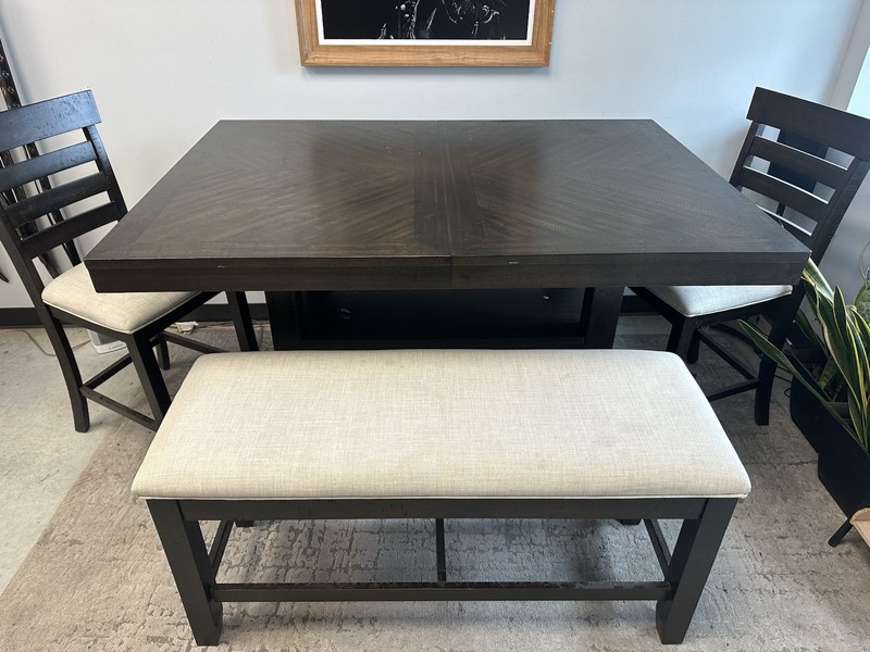 4-Piece Dark Wood Rectangular Dining Set w/ Storage Bench & 2 Chairs, 4 Seat