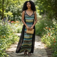 NWT Sans Souci Strappy Colorful Vacation Maxi Sun Dress Aztec Tribal Print L