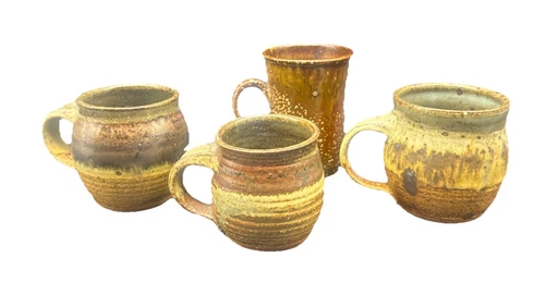 VTG Studio Art Pottery Mixed Artist Brown Coffee Tea Mug Set Of 4 Signed