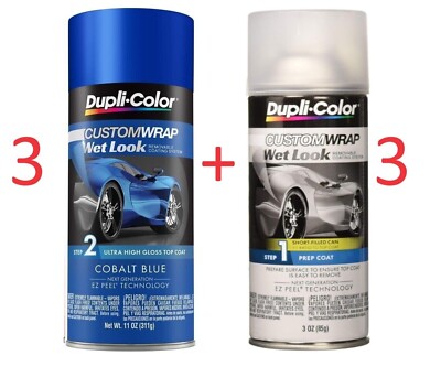 6 Cans Cobalt Blue Dupli-Color Custom Wrap Wet Look Step 1 Prep/Step 2