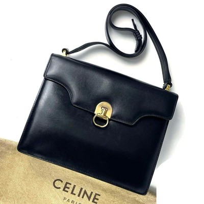 Celine Vintage Women's Shoulder Bag Leather Navy Used Authentic Free Shipping