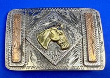 Horse Head Engraved Western Swirl Vintage Etched Three Color Belt Buckle