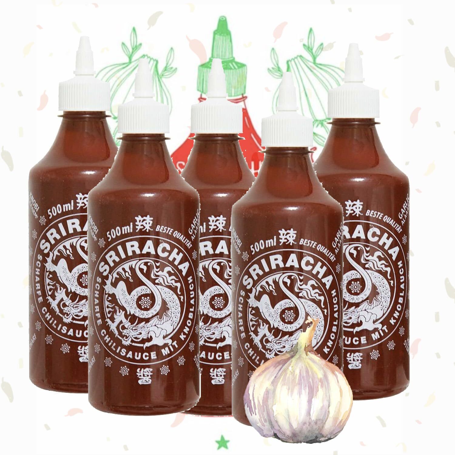 Sriracha Sauce Knoblauch 12 x 500ml Chili Sauce mit Garlic Perfekt für Gastro