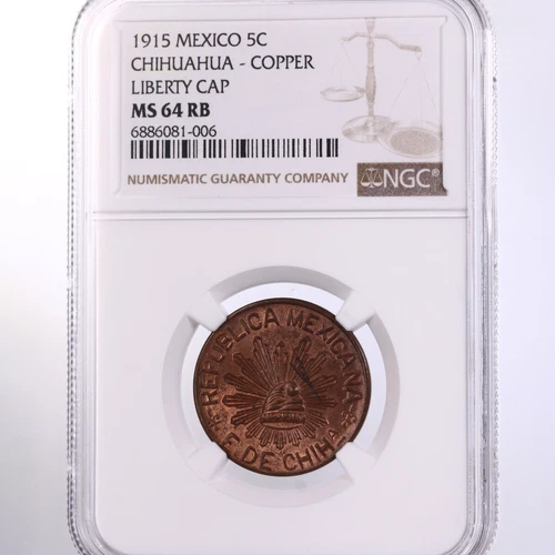 1915 Mexico 5c Chihuahua Copper Cap/Liberty NGC Certified MS64 RB