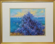 Ocean view with wisteria.Original framed oil on paper 11"x14" painting.