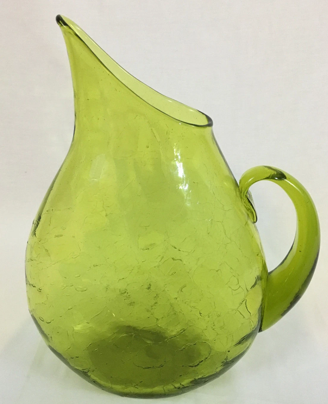 Vintage Green Decorative Imperfect Bubbles Glassware Pitcher w Handle and Spout