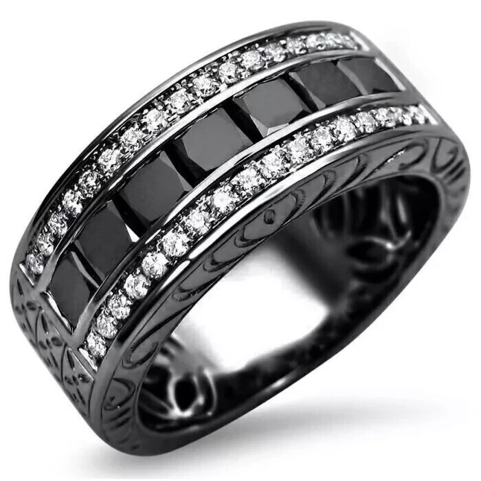 Black Diamond Ring Mens Wedding Band Black And Gold 2ct Fancy