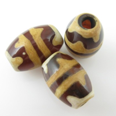 Carnelian dZi bead - Olive Shape with Twin Tiger's Teeth- 12mm by 8mm (3pcs)
