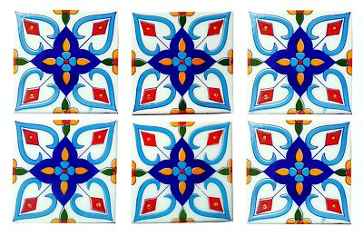 Blue Pottery Floral Decorative Mosaic Wall Tiles 4 x 4 Inch Set of 6 Tiles