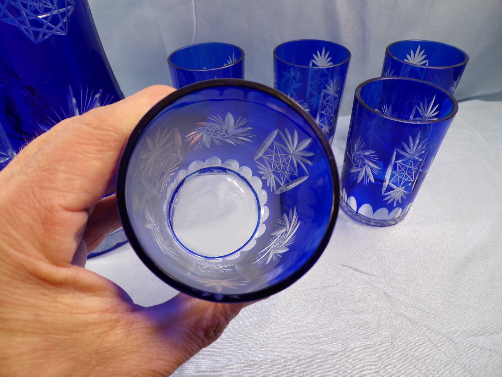 Cobalt Blue Cut to Clear Crystal Water Set - Pitcher & 5 Tumblers