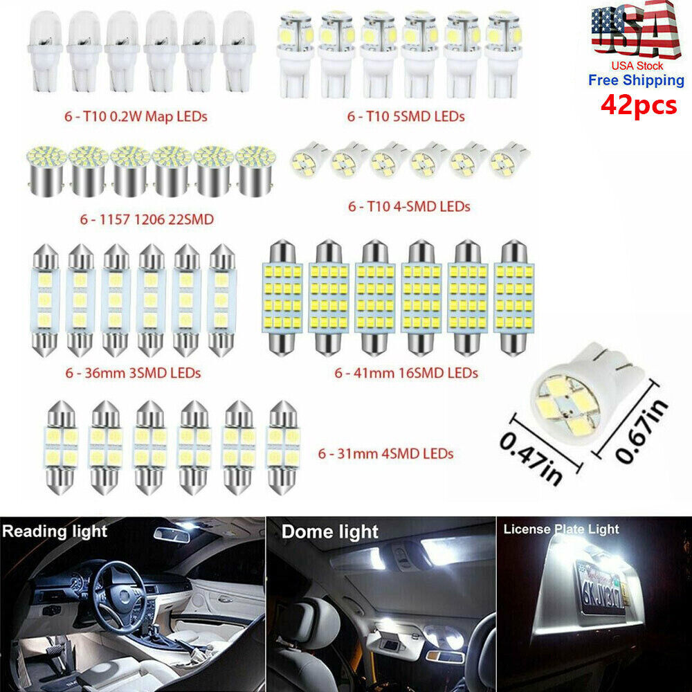 42-Piece LED Interior Lights Kit For Cars - 6500K Xenon White, 12V, Fits Dome, Map, Trunk, License Plate Lights