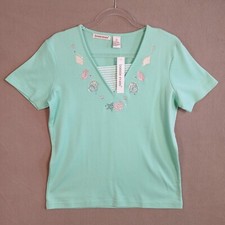 Bonnie Evans Short Sleeve Ocean Theme Emroidered Top Size S Green NWT