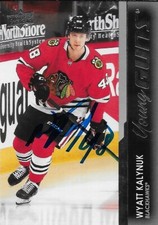 Signed Wyatt Kalynuk Young Guns 2021-22 UD Chicago Blackhawks Rookie Card. rookie card picture