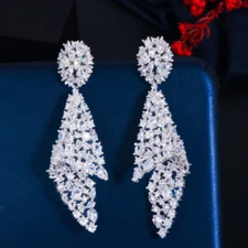Shiny White Cubic Zirconia Crystal Long Dangle Drop Earrings for Brides Banquet