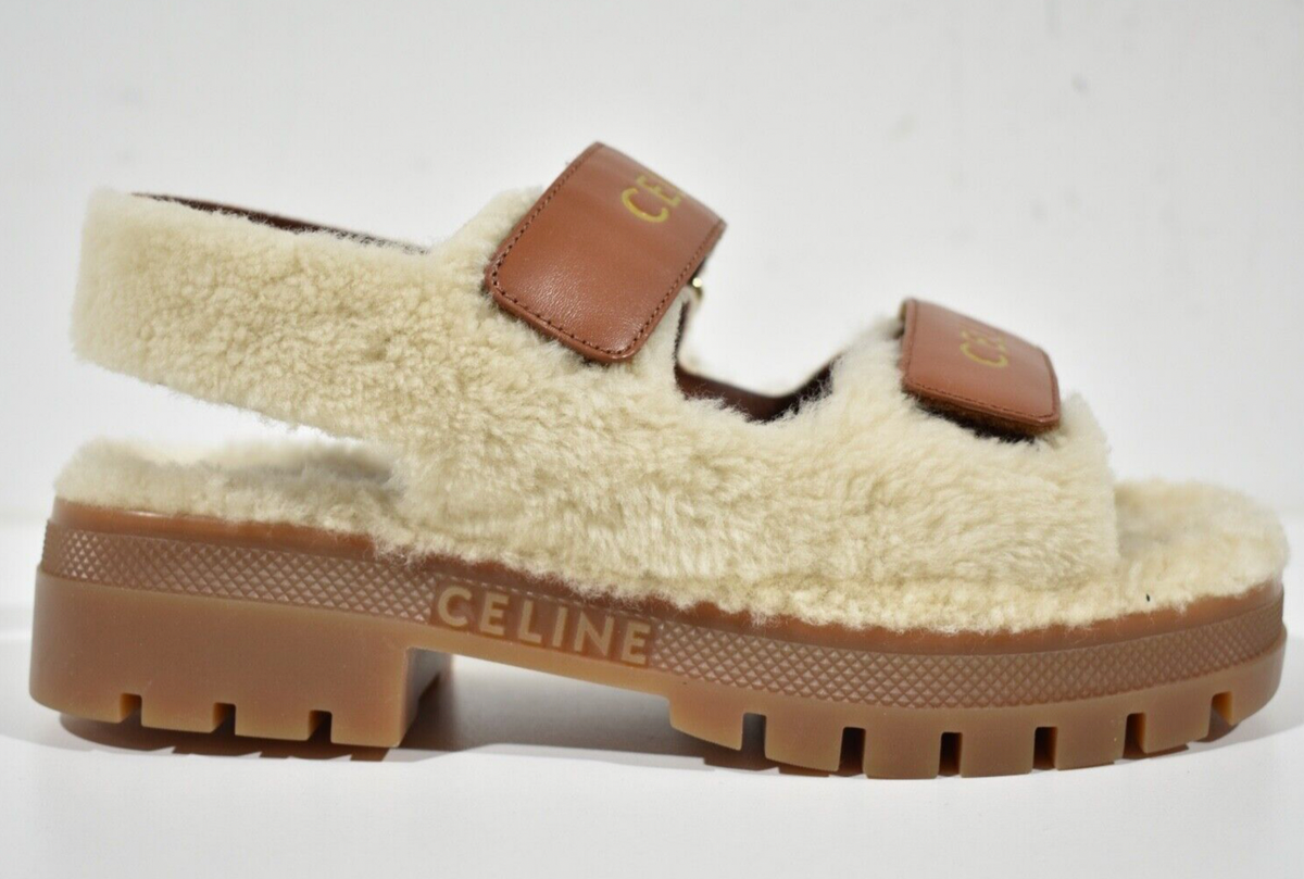 Celine Leo Scratch Sandal Shearling Fur Tan Leather Logo Strap