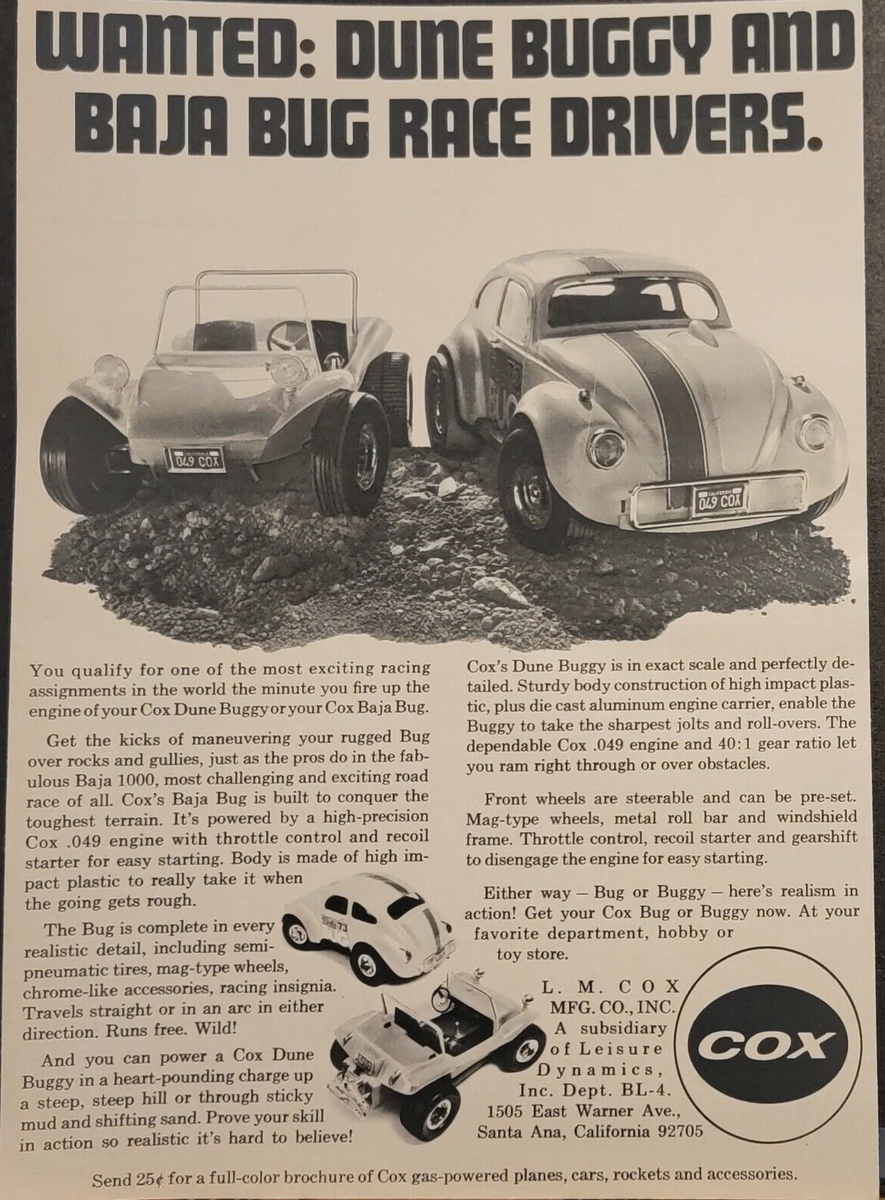 1972 Cox model Dune Buggy Baja Bug .049 engine Print Ad | eBay 1972 Cox model Dune Buggy Baja Bug .049 engine Print Ad | eBay