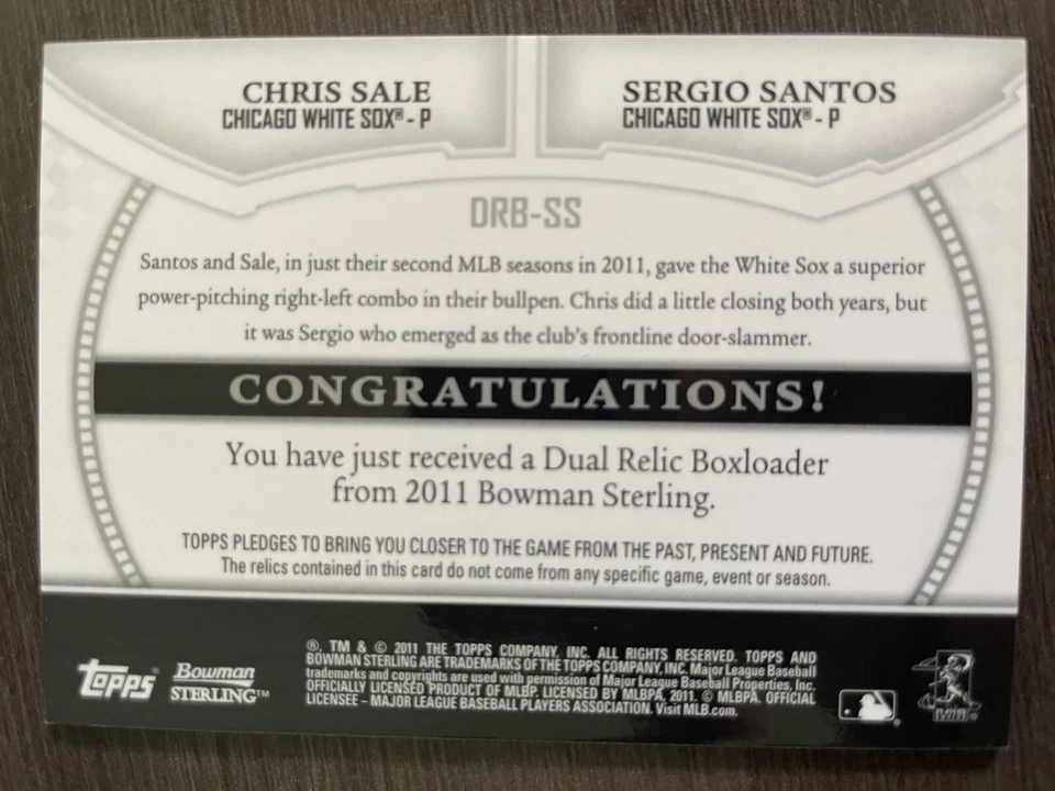 2011 Bowman Sterling Dual Jersey Relics Box Loader Chris Sale RC Sergio Santos - Image 2 of 2