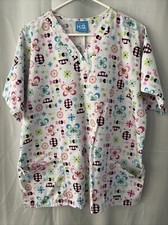 Scrub HQ Women  s Large LDYB 4700 White Butterfly And Ladybug Colorful Scrub Top