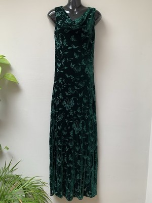 Vintage Y2K Adini Samt Devore Maxikleid 6 8 Wasserfallausschnitt Schrägschnitt dunkelgrün