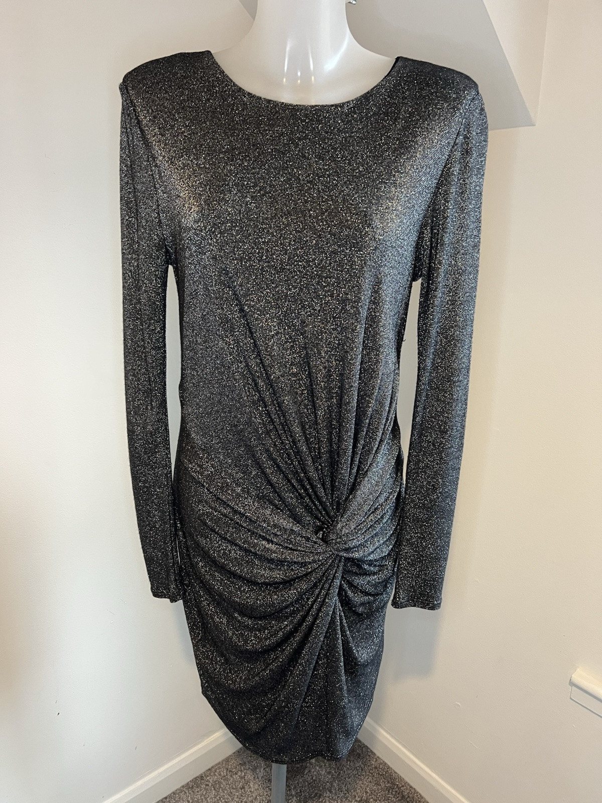 Ted Baker Black Silver Sparkle Knot Front Stretch Slinky Dress UK Size 12 US 3