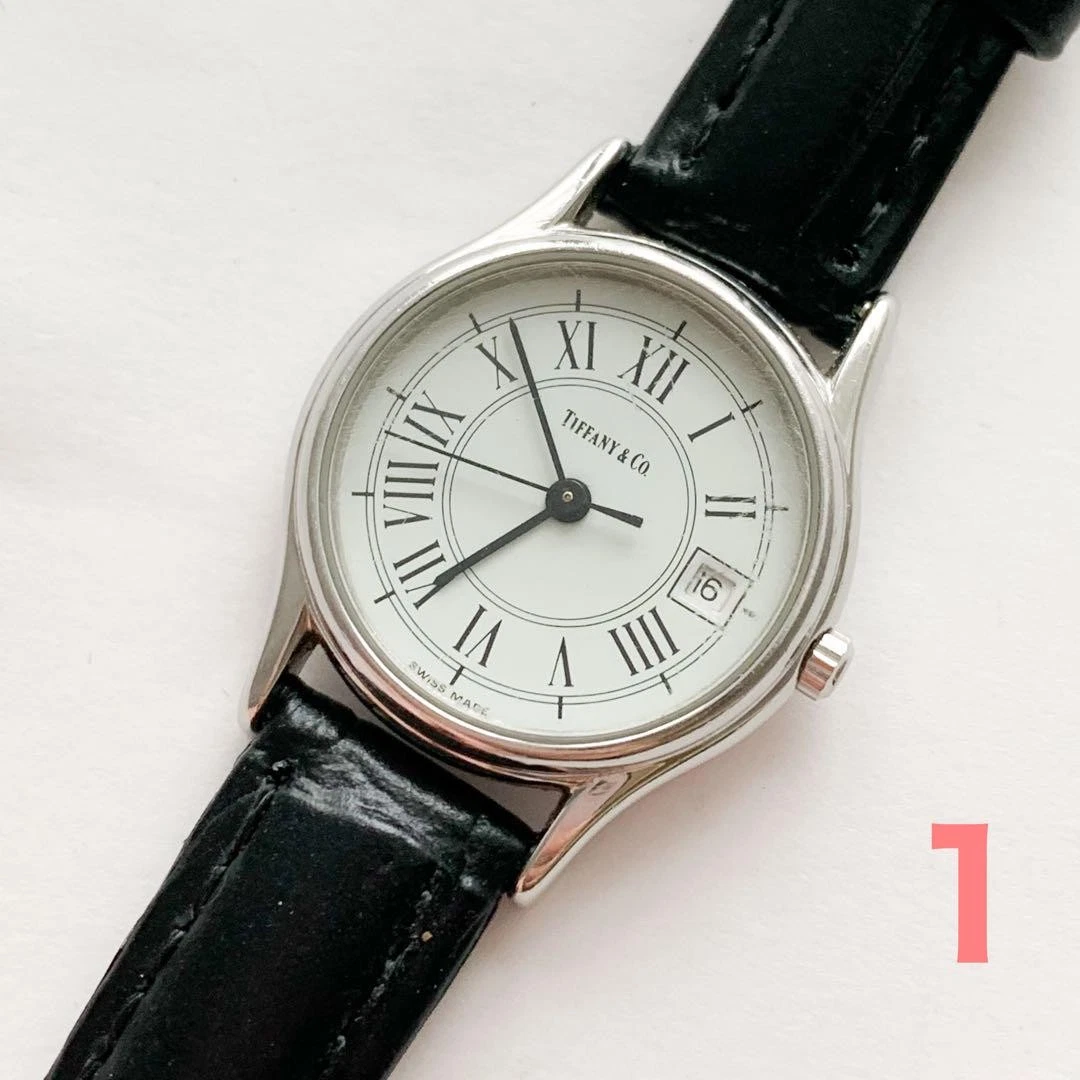 TIFFANY & Co. Classic Ladies Watch u Silver face white dial black Belt Quartz