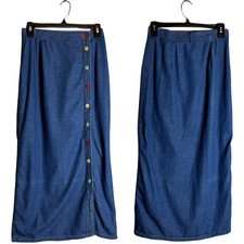 Vintage 100 Cotton Denim Button Up Maxi Skirt Women's 8 Colorful Twee Artsy 90s