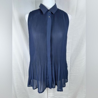 H&M Pleated Sleeveless Blouse Women s Size 4 Navy Blue Button Front Collared