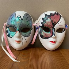 Ceramic Mardi Gras Mask Lot of 2 Wall Decor w/ Glitter Sparkle New Orleans