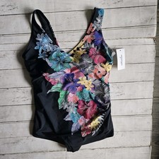 NWT Swimsuits for all Black Tropical Print Suit Size 16