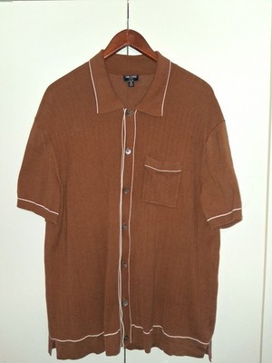 Todd Snyder Knit Polo Shirt Size XL Brown White Red Piping Silk Cotton Button Up