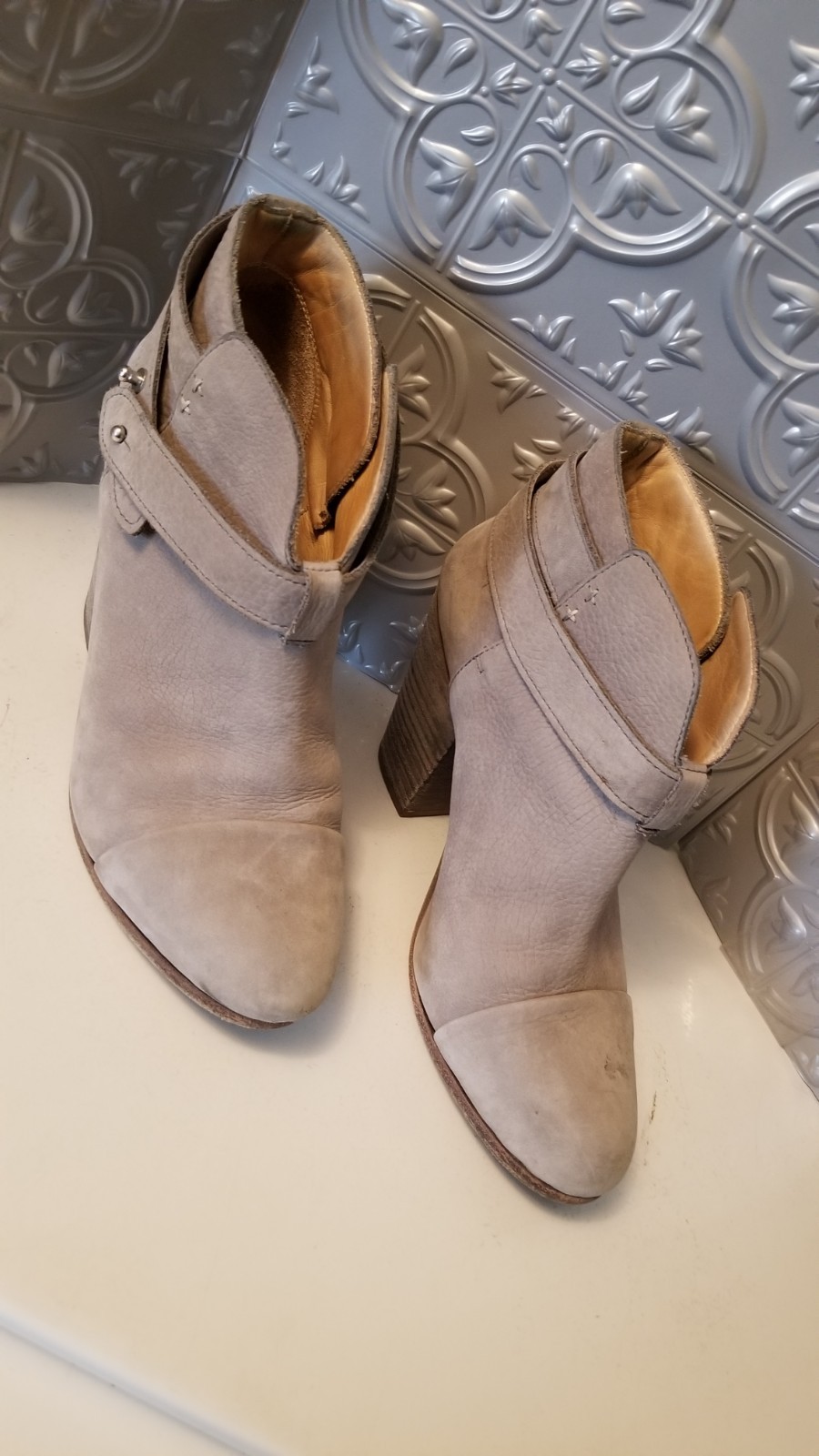 Rag & Bone Harrow Taupe Suede Ankle Boots Women Size 7 Stacked Heel EU 37