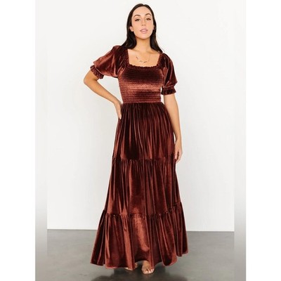 Baltic Born Clara Smocked Velvet Maxi Dress Chestnut Brown SZ XL Wedding EUC