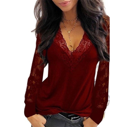 Womens Lace V-Neck Blouse Tops Gothic Sexy Long Sleeve Casual Loose T Shirt 6-14 - Picture 13 of 17