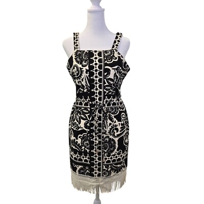 Tahari ASL Border Print Fringe Trim Sheath Dress Size