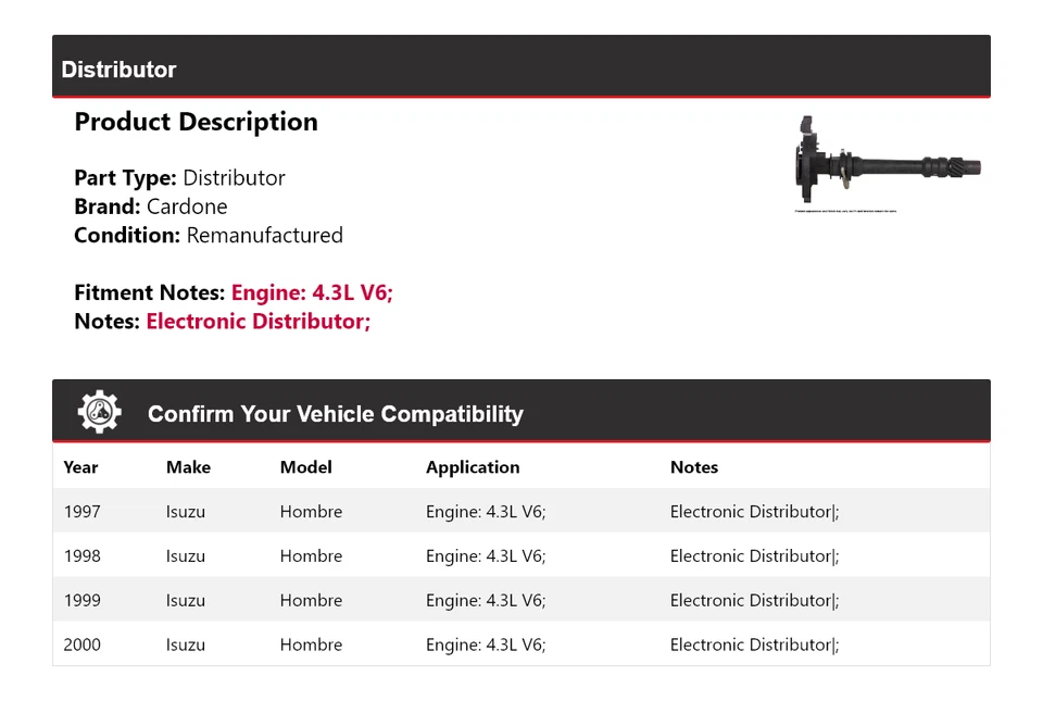 Для 1997-2000 Isuzu Hombre 4.3L V6 дистрибьютор Cardone 1998 1999 - Изображение 2 из 4