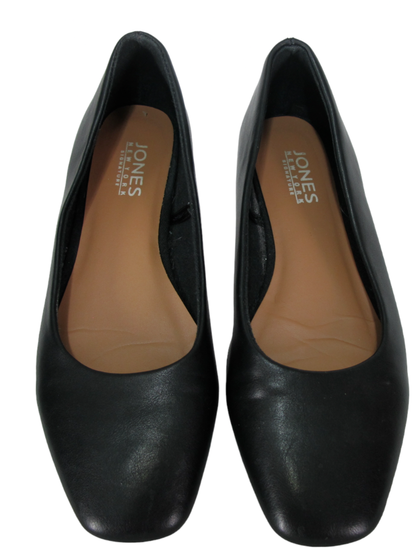Jones New York Ballet Flat Shoes Sz Black Faux Leather Gold Logo