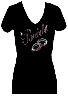 ALL RHINESTONE BRIDE RINGS WEDDING DIAMANTE V NECK SHORT  SLEEVE BLING TEE SHIRT