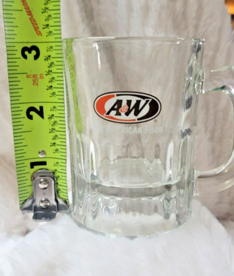 A&W Root Beer Mini Mugs Set of 2 Clear Glass about 3 inches tall 