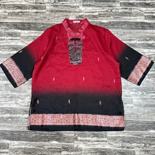 PLE BOUTIQUE Women's sz M Short Sleeve Black Red Asian Style Blouse Lightweight