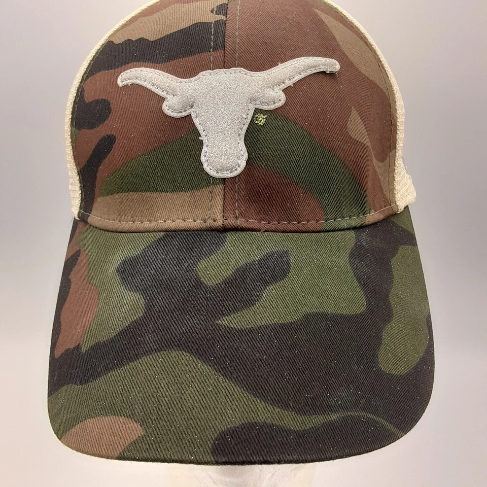 Gorra Texas Longhorns para mujer Snapback camuflada grande plateada brillo logotipo malla trasera Foto 2 de 4