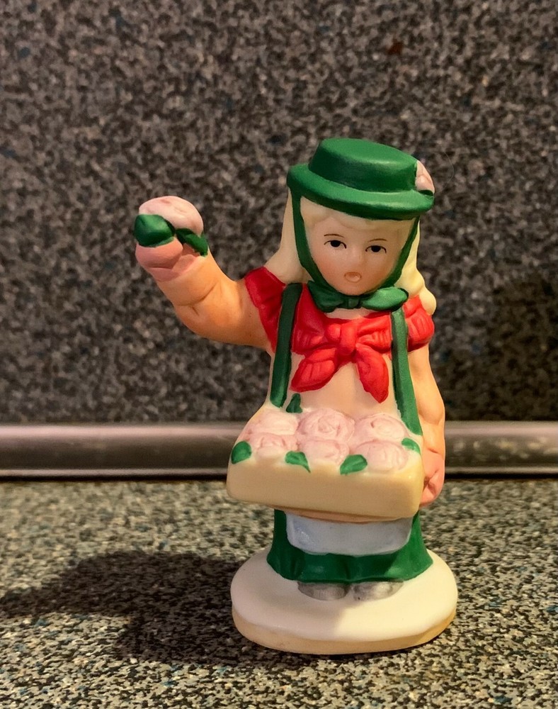 Vintage Lefton Colonial Village Figurine girl selling flowers 06547 c 1987 NOS