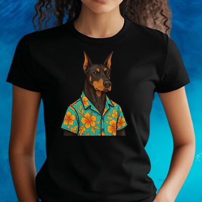 Frauen T-Shirt Dobermann im Hawaiihemd Motiv Baumwolle Größe S bis 3XL