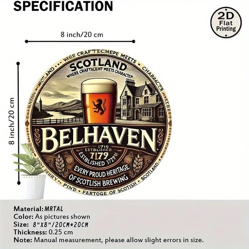 Vintage Tin Metal Sign Scottish Beer Wall Decor Belhaven Brewery 8x8