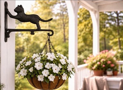 Eisen Winkel Blumenkhaken Katze Schwarz 27x5x23cm Clayre & Eef