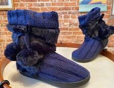 MUK LUKS Navy Blue Michelle Cable Knit Slipper Boot Faux Fur Lining M New