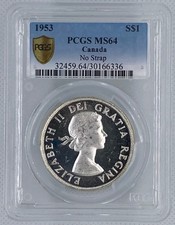 PCGS 1953 MS64 No Strap Silver Canada 0.600 Oz ASW $1 Dollar