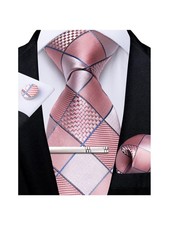 Plaid Ties for Men Silk Checkered Necktie and Pocket Square Pink Plaid